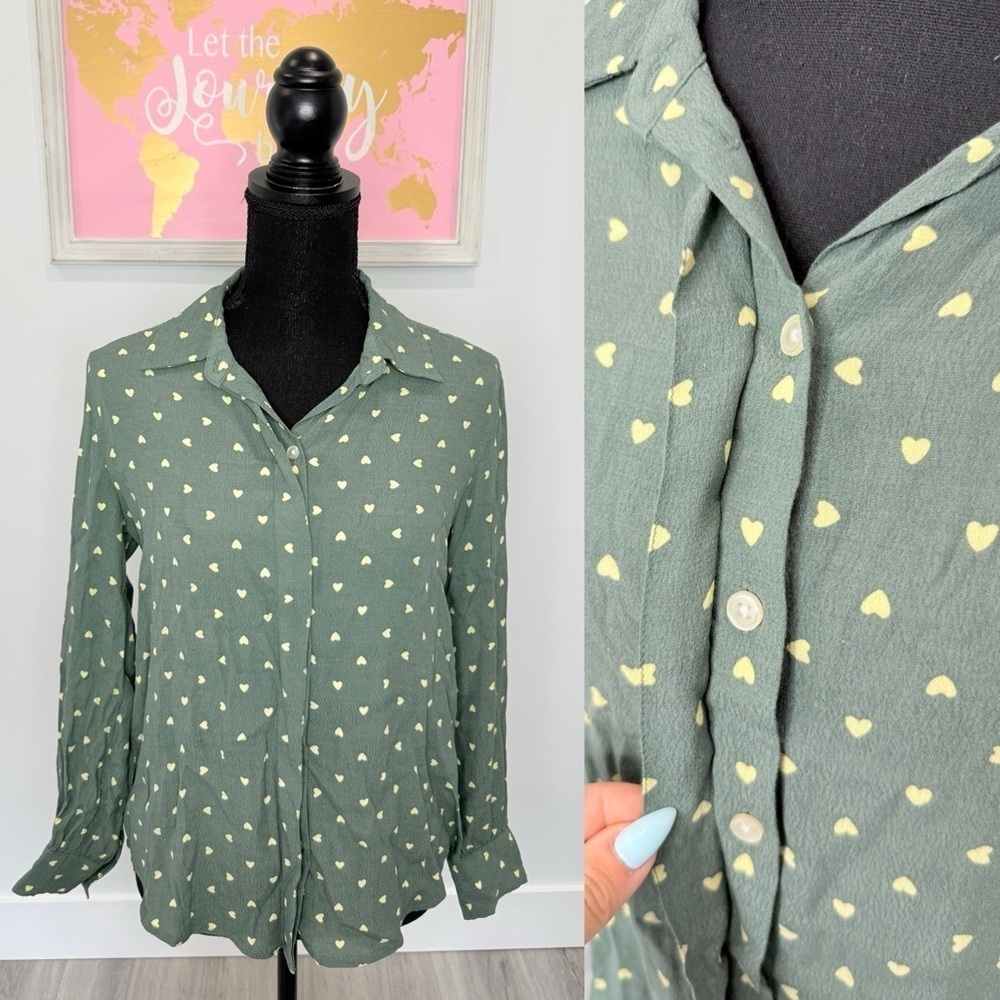 Free Assembly Green with Beige Hearts, Long Sleeve Button Up (S)